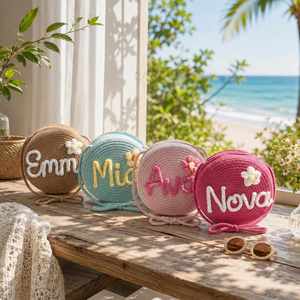 Personalized Kids <b>Straw</b> <b>Crossbody</b> <b>Bag</b>, Custom 3D Name with Flower, Round Woven Shoulder Purse, Little Girls Beach Travel Gift - Product Image 5