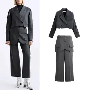 OUDINA setelan jas Formal wanita, jaket Crop bergaris Jepang dewasa, Celana luar rok, setelan Formal wanita dua potong