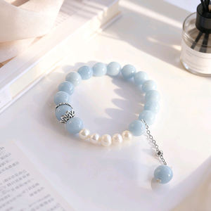 Bracelet en <span class=keywords><strong>angelite</strong></span> bleu clair avec <span class=keywords><strong>perle</strong></span> et breloque fleur argentée, chaîne réglable, bijoux tendance - Product Image 1