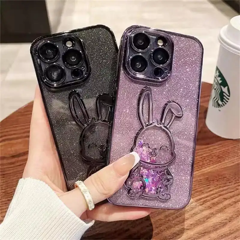 Cartoon Phone Case for iPhone 14 Pro Max 13 12 11 Lovely Rabbit Glitter Shockproof Cover TPU Kawaii Phone Protective Cover