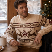 Pull à col rond pour homme, motif Fair Isle de Noël, rennes et flocons de neige, tricot torsadé, OEM ODM, logo personnalisé, vente en gros