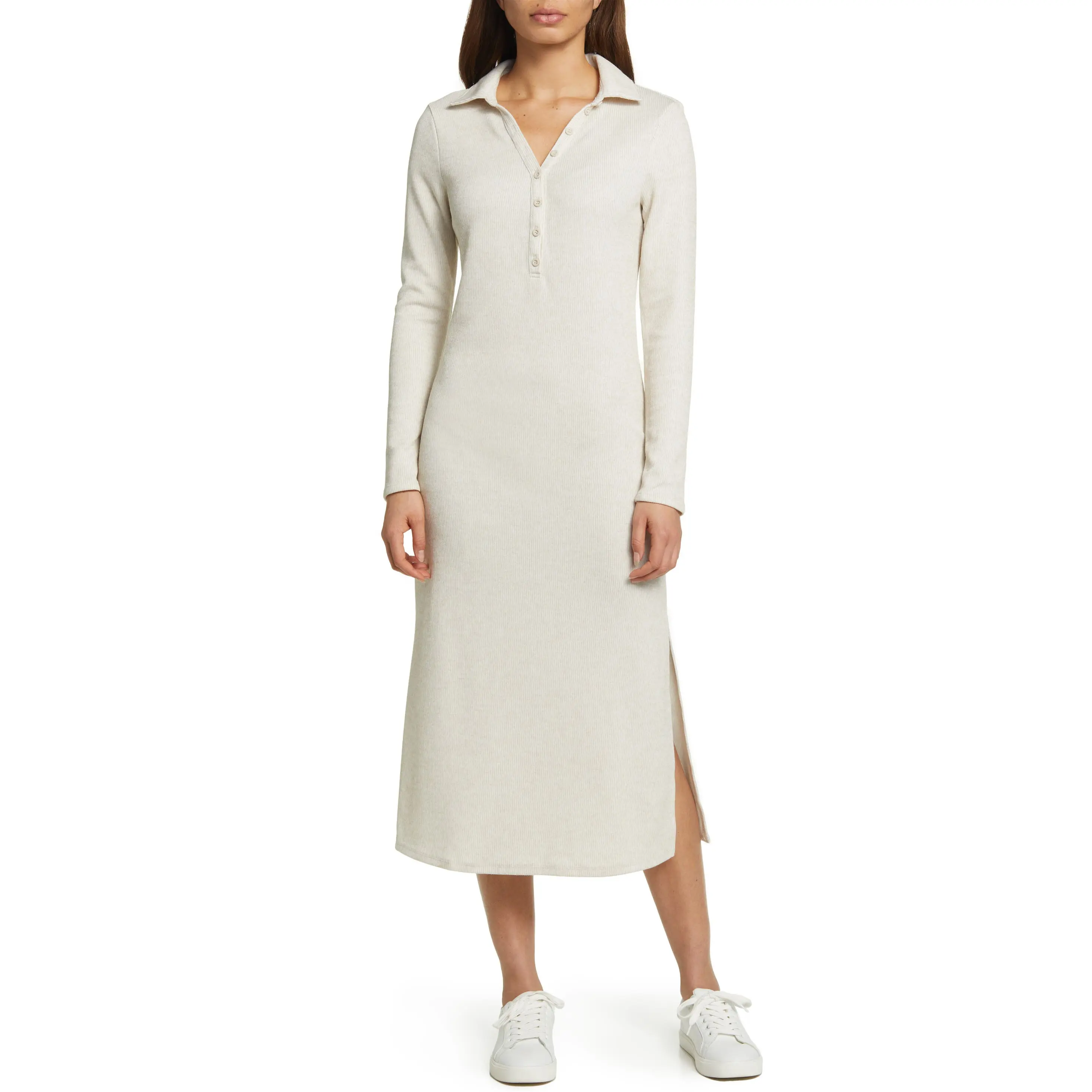 OEM&ODM Women's Long Sleeve Rib Maxi Dress Fall Side Slit Elegant Plain Premium Button Down Shirts Dresses Women Rib Knit Dress
