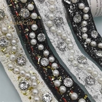Ruban de dentelle brillant en polyester fait main de 25 mm de large avec perles coréennes pour bordure de robe, vêtements, cheveux et col