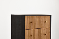 Commode haute moderne en pin recyclé à 5 tiroirs, meuble de rangement étroit avec façades en bois linéaires