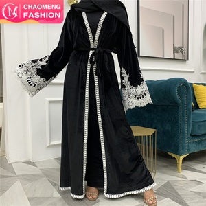 1847# Velvet Winter Design Muslim Kimono Abaya Cardigan Women Open Abayas Black Velvet Hijab Dress Dubai Size - Product Image 1