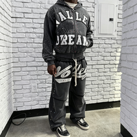 Ensemble sweat à capuche et pantalon de survêtement pour homme, 100% coton, avec strass, effet délavé, coupe oversize, fermeture éclair intégrale, personnalisé, grammage lourd