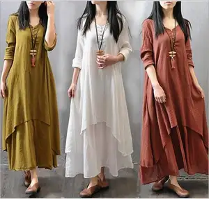 2021 Autumn New False Two-piece Long Sleeve Round Neck Loose Plus Size Irregular Dress Johnature Cotton Color Women Maxi Dress