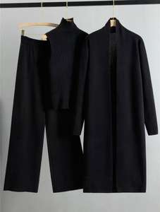 طقم نسائي جديد للخريف والشتاء، كارديجان طويل فضفاض + سترة بياقة عالية + بنطلون واسع الساق، طقم من ثلاث قطع - Product Image 2