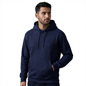 Men's <b>Navy</b> Blue Hooded <b>Sweatshirt</b> Solid Color Cotton Fleece Casual Autumn Wear With Front Pocket Regular Fit - Product Image 3