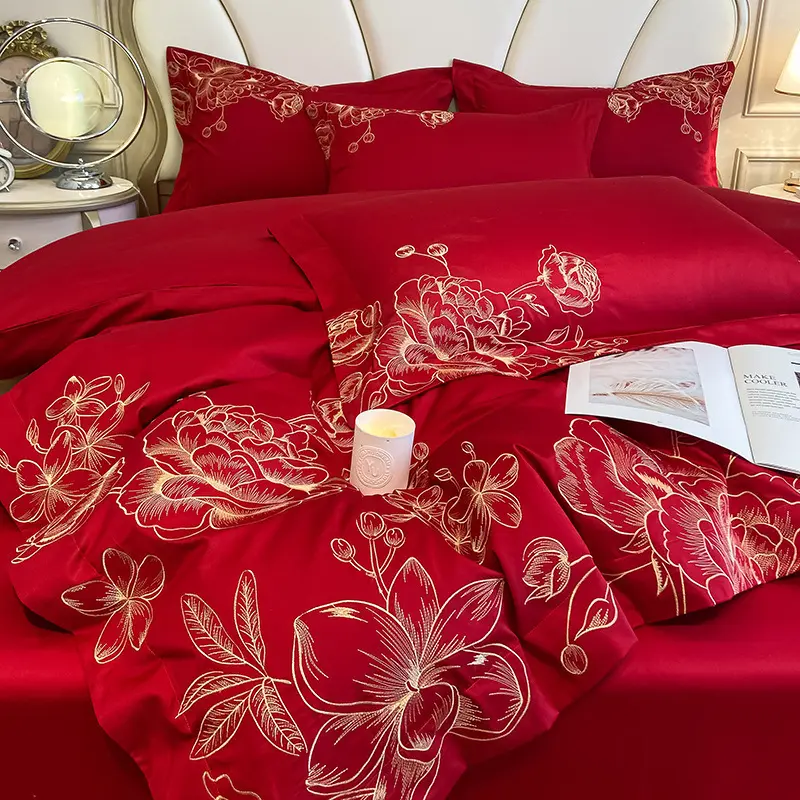 Set tempat tidur gaya Eropa kualitas tinggi empat buah selimut Set rumah cocok sarung bantal katun bordir cetak ukuran King