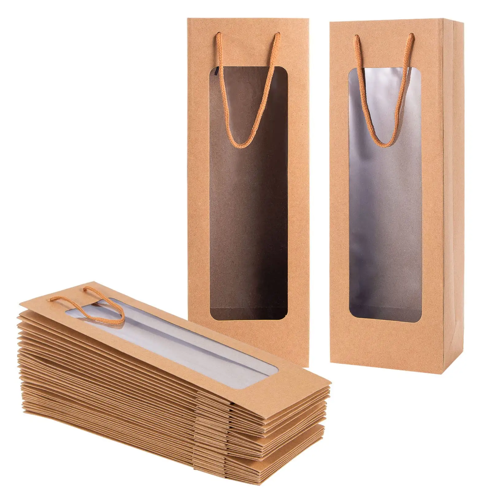 Reusable Custom Logo Wholesale Price Drawstring Wine Tote Gift Brown Kraft Paper Packaging Bag With Transparent Windows