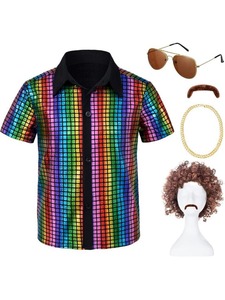 Nuevo Conjunto de Disfraz de Fiesta Disco Clásico de los 70 para Niños, Camiseta con Lentejuelas, Pantalones de Campana y Accesorios para Halloween - Product Image 4