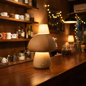 โคมไฟตั้งโต๊ะทรงเห็ด โมเดิร์น ทำจากไม้ ไฟ LED ไร้สาย ชาร์จได้ ควบคุมด้วยระบบสัมผัส เหมาะสำหรับตกแต่งร้านอาหารและห้องนอน - Product Image 1