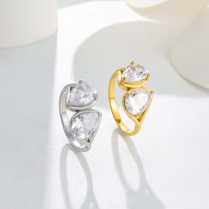 Delicate Gold & <b>Silver</b> Two-Stone <b>Ring</b>, Sparkly Pear Zircon Bezel Setting, Elegant Solid Band, Perfect for <b>Stacking</b>, Gifting & Da - Product Image 1