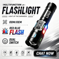 Lampe torche LED COB super lumineuse avec zoom, lumière d'avertissement rouge et bleue, rechargeable par USB-C, lampe de poche portable, lampe torche d'extérieur