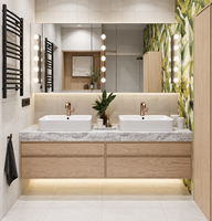 Kabinet Penyimpanan Veneer Walnut Modern, Cermin Kayu Dinding, Kabinet Kamar Mandi Double Sink dengan Meja Marmer