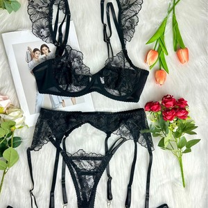 Nouvel ensemble de soutien-gorge push-up brodé 3 pièces de style russe avec broderie en dentelle et lingerie transparente - Product Image 2