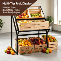 Op maat gemaakte houten fruitpresentatiestand met dubbele laag, metalen frame, groentepresentatieplank met wielen, supermarkt retail productenrek