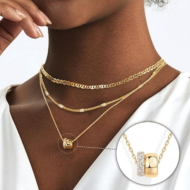 New Trendy Copper Zircon Layered Round Pendant Necklace Platinum 18K Gold Plating Link Chain Two-Color Chains for Women's Party