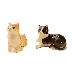 彩绘陶瓷猫手绘陶瓷猫雕像 2 件石器套装，3 英寸
