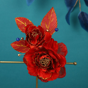 24 nouvelles pinces à cheveux et coiffes Hanfu originales, faites à la main, ornées d'éléments dorés, motif pivoine rouge foncé - Product Image 1