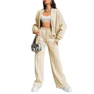 Abbigliamento da donna cappotto corto Casual e pantaloni svasati Set Top con cappuccio a manica lunga con cerniera a tinta unita per la primavera - Product Image 3