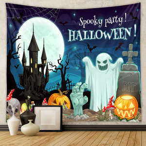 Nuevo <span class=keywords><strong>Tapiz</strong></span> Tejido Aubusson con Estampado de Halloween, Diseño de Cielo Nocturno de Terror, Luna Llena, Cementerio y Calabaza de Dibujos Animados, para Habitación de Niños - Product Image 3