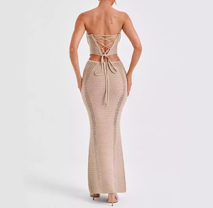 Soirée serrée Sexy gros seins robe dos nu bustier tubulaire longue hanche-couvrant tricoté jupe costume robe Sexy pour femme mature - Product Image 2