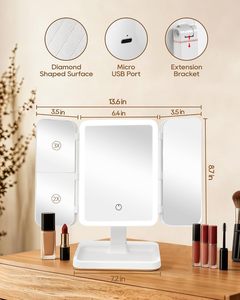 Double Door <b>LED</b> <b>Makeup</b> <b>Mirror</b> Tri Fold Vanity <b>Mirror</b> <b>with</b> 3 Color <b>Lights</b> Adjustable Height Storage Base - Product Image 6