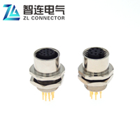 Connecteur de panneau M12 à 12 broches femelle, fixation latérale sur châssis, montage frontal, étanche, laiton plaqué or, 250V – Vente chaude usine