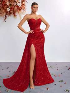Elegant <b>Sequined</b> Mermaid Evening Dress Sweetheart Neck Sleeveless Floor-Length Slit Sweep Train Sheer Layer Formal Gown - Product Image 6