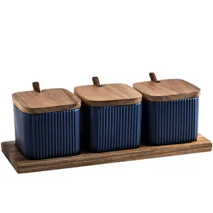 plateaux condiments Suppliers-Ensemble de pots d'assaisonnement nordique à rayures carrées (3 pièces), récipients de sel, de poivre, en céramique, plateau à épices en bois