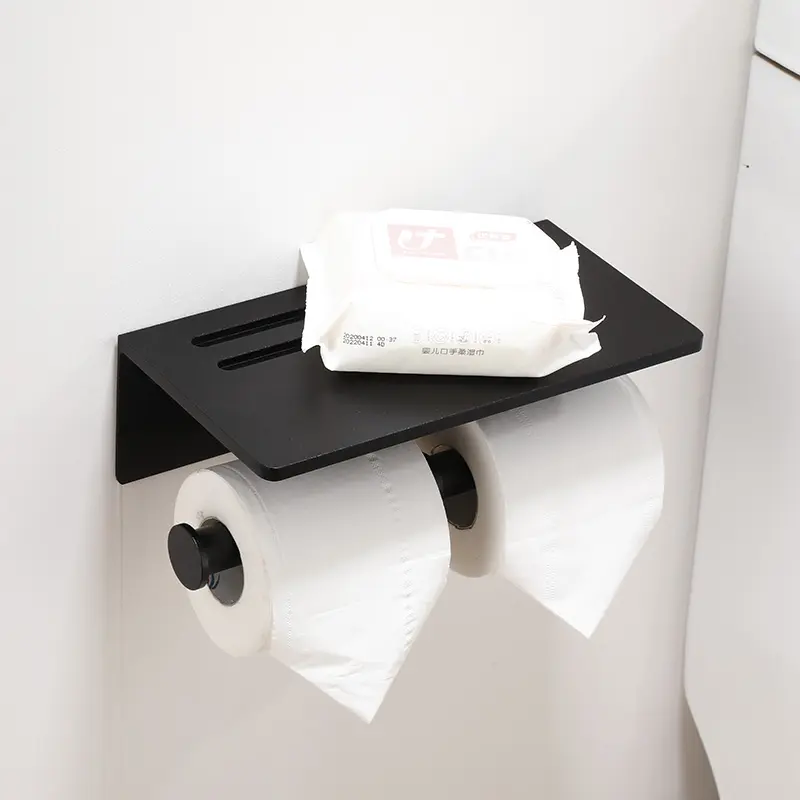 Zelfklevende Zwarte Dubbele Toiletpapierhouder Toiletpapier Houder Toiletpapier Houder Met Plank