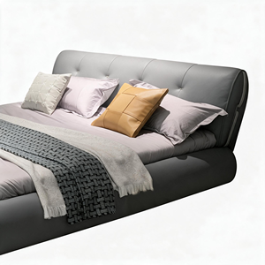 Grey Genuine Leather Upholstered <b>Bed</b> with Tufted Headboard and Rounded Wraparound Base <b>Bed</b> <b>Frame</b> for Modern Bedroom - Product Image 5