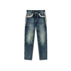En stock: Jeans de mezclilla para hombre, de corte recto, con bordado, lavado, de costura resistente, cintura media, a la moda - Product Image 1