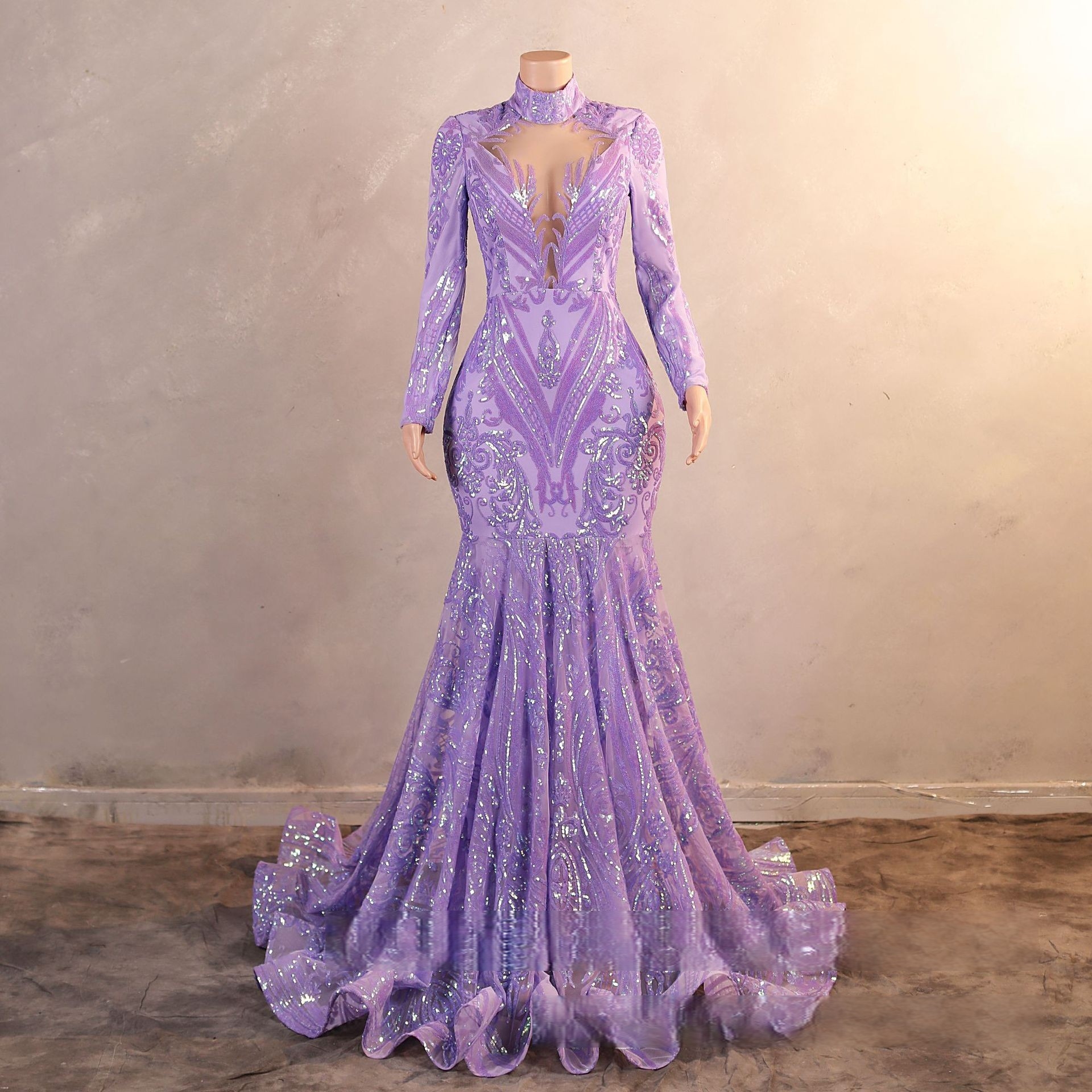 chinese dress ladies Long Sleeve Purple Satin Mermaid Prom Dress with Trail Beadings main image 1