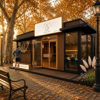 Café moderne en conteneur préfabriqué de 40 pieds, panneaux en aluminium-plastique, toit, sol et murs isolés en PU, construction modulaire