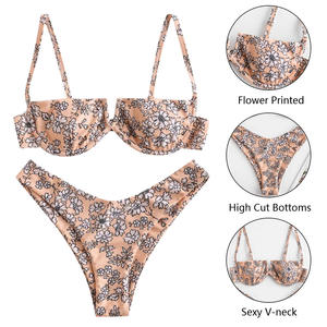 Бикини с высоким вырезом, женский фиолетовый купальник на косточках с цветочным принтом, бразильские летние купальники, купальный костюм, стринги, микро купальники - Product Image 3