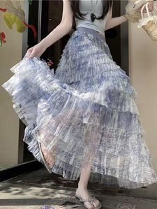 Vestido <span class=keywords><strong>de</strong></span> chifón azul tie-dye <span class=keywords><strong>de</strong></span> media longitud con malla para mujer, estilo veraniego, súper etéreo, con volantes en capas y diseño <span class=keywords><strong>de</strong></span> pastel. - Product Image 4