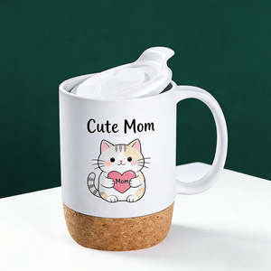 Mug en céramique personnalisé avec motif de chat, base en liège et couvercle - Ensemble de tasses à café blanches de 12 oz, cadeau pour <span class=keywords><strong>maman</strong></span>, mug de voyage anti-brûlure - Product Image 3