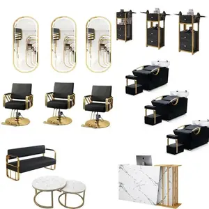 Set furnitur Salon hitam dan emas, peralatan kursi Salon tukang cukur