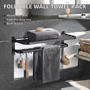 Étagère de rangement murale pliable moderne en acier inoxydable 304/202 pour salle de bain, noir mat, avec porte-serviettes et barre à serviettes - Product Image 2