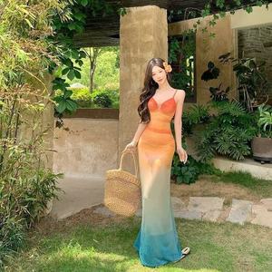 Mesh Spaghetti Strap Dress Tie Dye Long Openwork Beach Vacation Casual Dress Natural Waistline - Product Image 1
