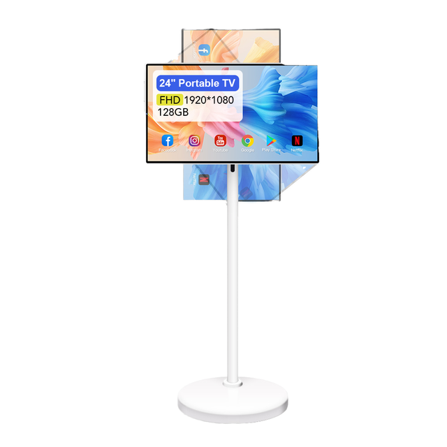 8-Core CPU 13MP Camera 24-Inch LED Backlit Smart TV with Android 13 128GB Storage White Portable Monitor Stand Follow Movable TV