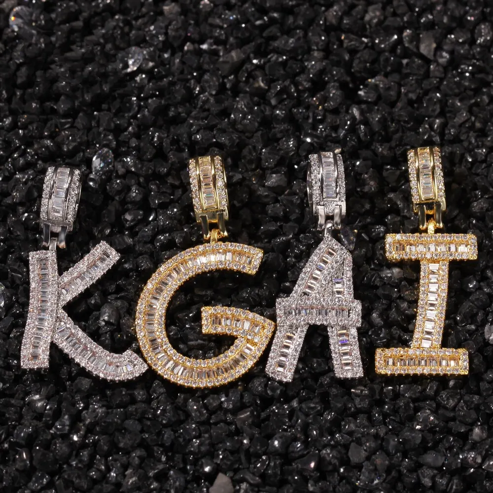 Iced Out mini crystal Baguette Initials Gold Silver Bling Zirconia Hip Hop personalized custom name necklace for men and women