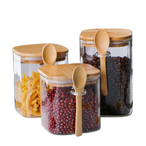 Đường Kính 6Cm 8Cm 10Cm Chì Miễn Phí Borosilicate Vuông Vòng Thủy Tinh Lưu Trữ Chai <span class=keywords><strong>Jar</strong></span> Với Muỗng Nắp Tre Và Vòng Silicon - Product Image 2