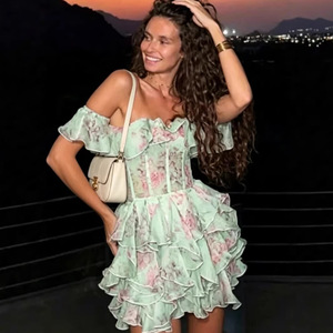Elegante Vestido de Noche sin Tirantes con Hombros Descubiertos, Estampado Floral, Capa Transparente y Cintura Imperio para Mujer - Product Image 2