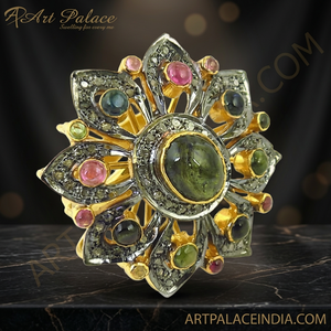Art Palace Women's Flower Cocktail Ring 18K Gold Plated Moss Agate Natural Stone Bohemia Style Festive Party Jewelry - Product Image 3