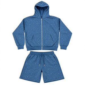 Custom Logo Speckled Zip Up Men's Hoodies <b>Rhinestone</b> <b>Top</b> Clothing Tracksuit Jogger Sets Cotton Stone Windbreaker Hooded Shorts - Product Image 2