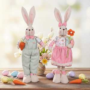 สินค้าขายดี: ของตกแต่งเทศกาลอีสเตอร์ - ตุ๊กตากระต่ายขนนุ่ม ประดับด้วยดอกแครอทสุดน่ารัก สีชมพู/เขียวอ่อน/น้ำตาล ขนาดใหญ่ ตั้งได้ - Product Image 1